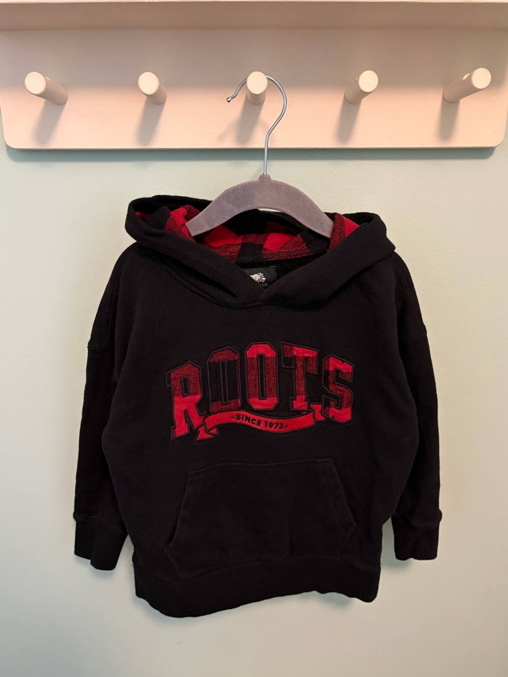 Roots Black Hoodie with Red Logo and Lined Hood - Kids